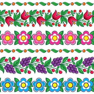 Sorunsuz Polonya Halk sanat vektör desen - Zalipie geleneksel tasarım çiçek ve yaprakları ile. Retro halk kompozisyon geleneksel Polonya, Zalipie Köyü - Tekstil tasarım desenlerini esinlenerek