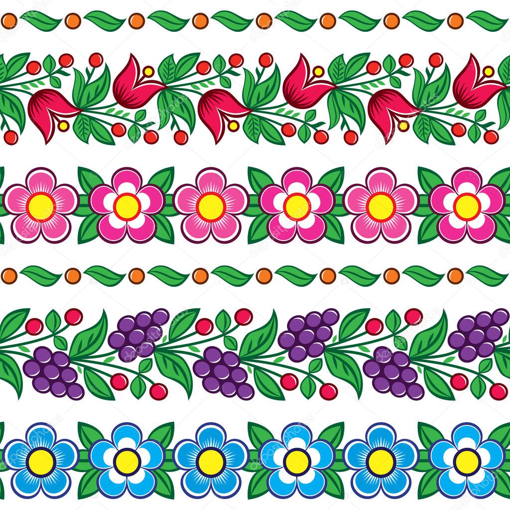Seamless Polish folk art vector pattern - Zalipie traditional design with flowers and leaves. Retro folk composition inspired by traditional patterns from Poland, Zalipie village - textile design