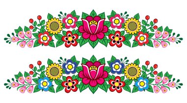 Polish folk art vector floral long decoration, Zalipie decorative pattern with flowers and leaves - greeting card, wedding invitation clipart