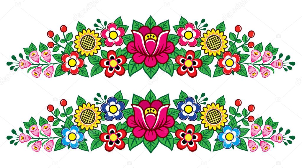 Polish folk art vector floral long decoration, Zalipie decorative pattern with flowers and leaves - greeting card, wedding invitation