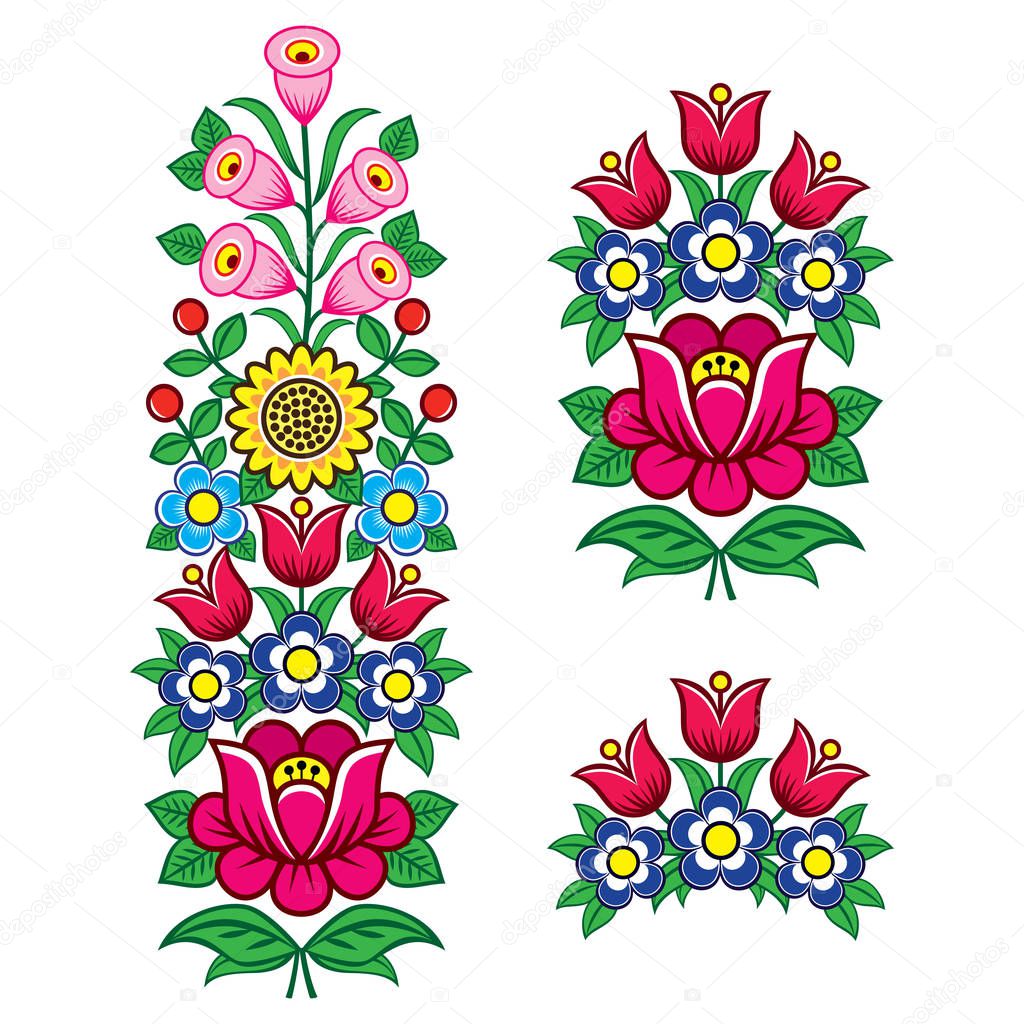 Floral Polish folk art vector design elements, motifs for weddding invitation, greeting card, Zalipie patterns with flowers