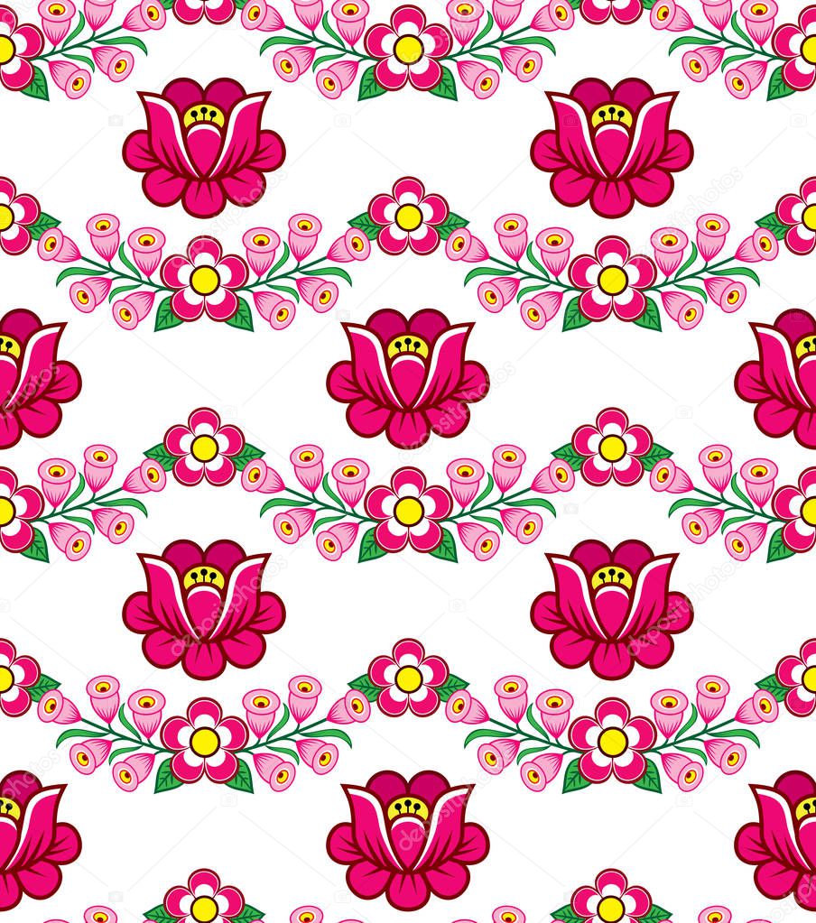 Folk art seamless floral vector pattern, Polish cute traditional ornaments, folk designs with flowers from Zalipie, Poland - textile, wallpaper design. Repetitive background with roses and leaves in red, pink, and green on white, retro pattern