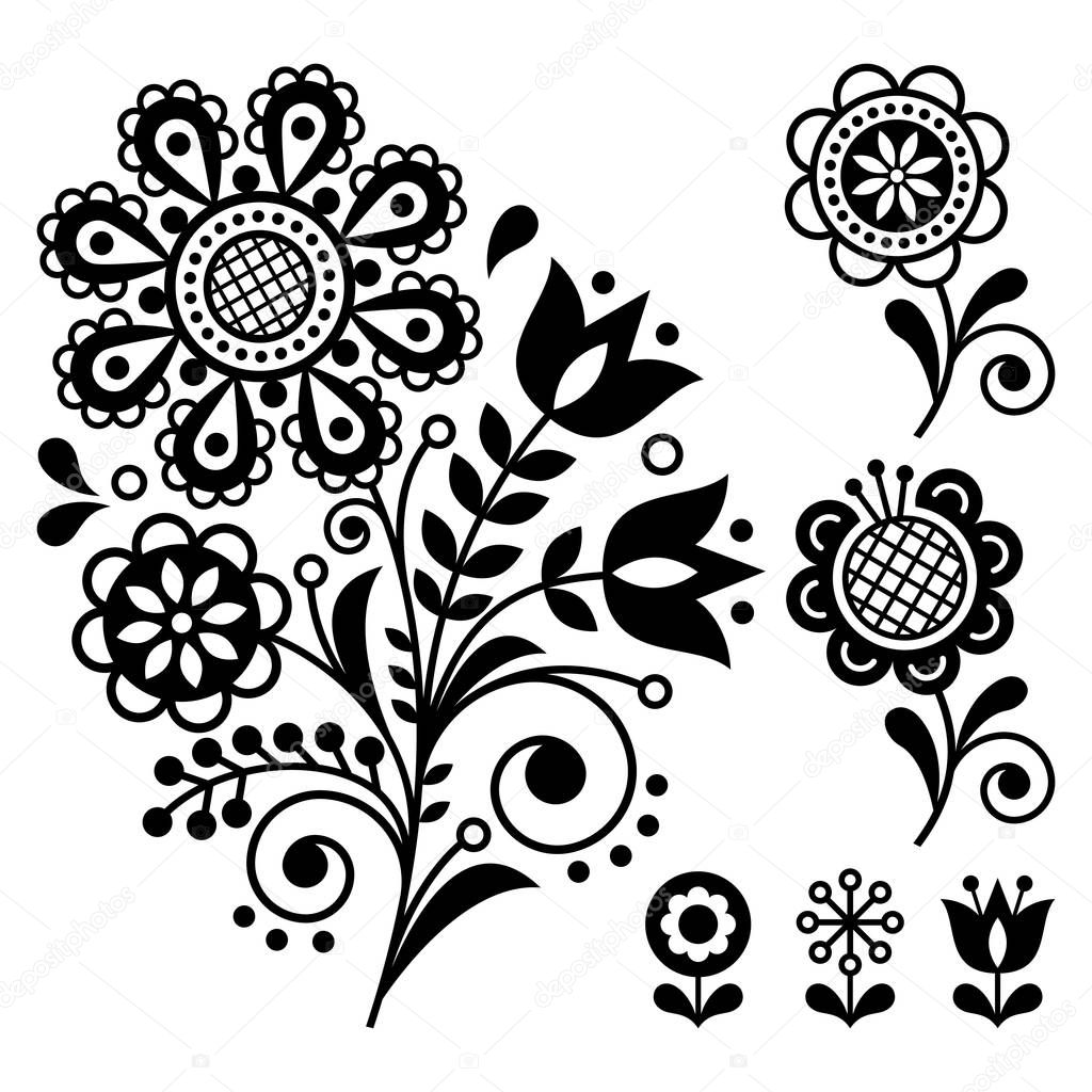 Floral vector design, folk art vector ornament with flowers, Scandinavian black and white pattern. Retro floral design inspired by Swedish and Norwegian traditional embroidery 