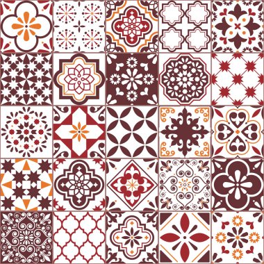 Lizbon Azulejos karo vektör desen, Portekizce ve İspanyolca retro eski çini Mozaik, Akdeniz sorunsuz kahverengi tasarım