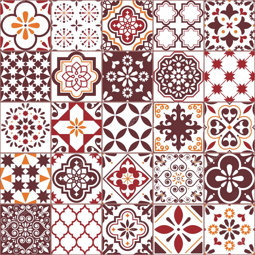 Lisbon Azulejos tile vector pattern, Portuguese or Spanish retro old tiles mosaic, Mediterranean seamless brown design