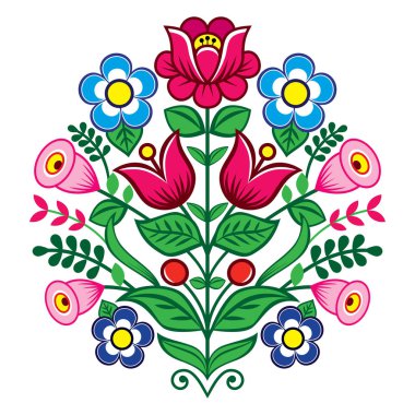 Çiçek tatlı vektör desen Polonya, Halk sanat vektör tasarımı, Zalipie dekoratif desen gül ve yaprakları - tebrik kartı, düğün davetiyesi. Retro Polonya halk tasarım ilham tarafından geleneksel süsler--dan Polonez ya, Zalipie Köyü 