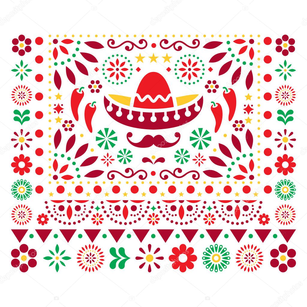 Mexican vector floral design with sombrero, chili peppers and flowers, happy ornament - greeting card on invitation pattern