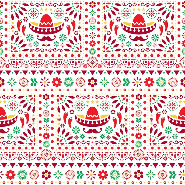Motif Floral Mexicain Vecteur Sans Couture Avec Sombrero Piments Fleurs — Image vectorielle