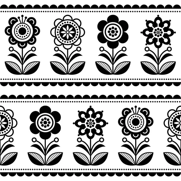 スカンジナビアのシームレスな民芸ベクトル花と心 北欧の飾りデザイン 黒と白の長いストライプ パターン — ストックベクタ