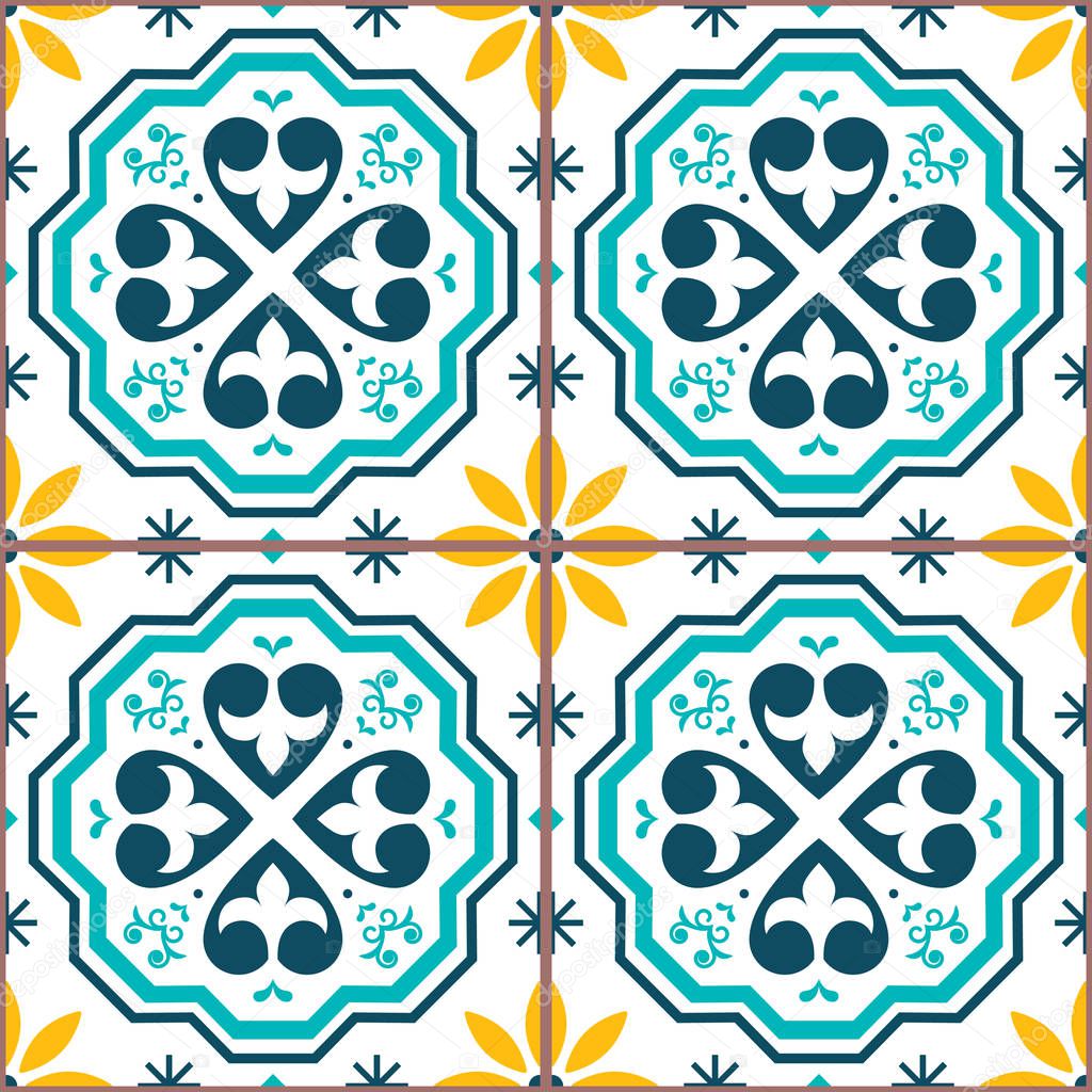 Portuguese tiles Azulejos vector seamless pattern, geometric repetitve design  - textile or wallpaper background