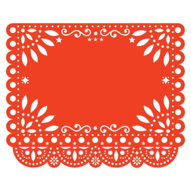 Papel Picado vektör çiçek soyut şekiller ile şablon tasarım, turuncu Meksika kağıt süslemeleri desen, metin için boş alan ile geleneksel Fiesta Banner