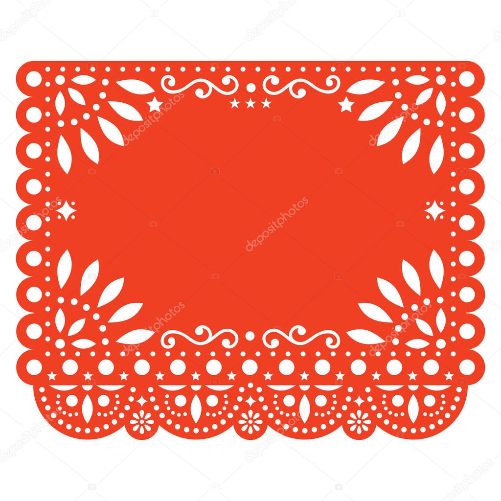 Papel Picado vector floral template design with abstract shapes, Mexican paper decorations pattern in orange, traditional fiesta banner with empty space for text