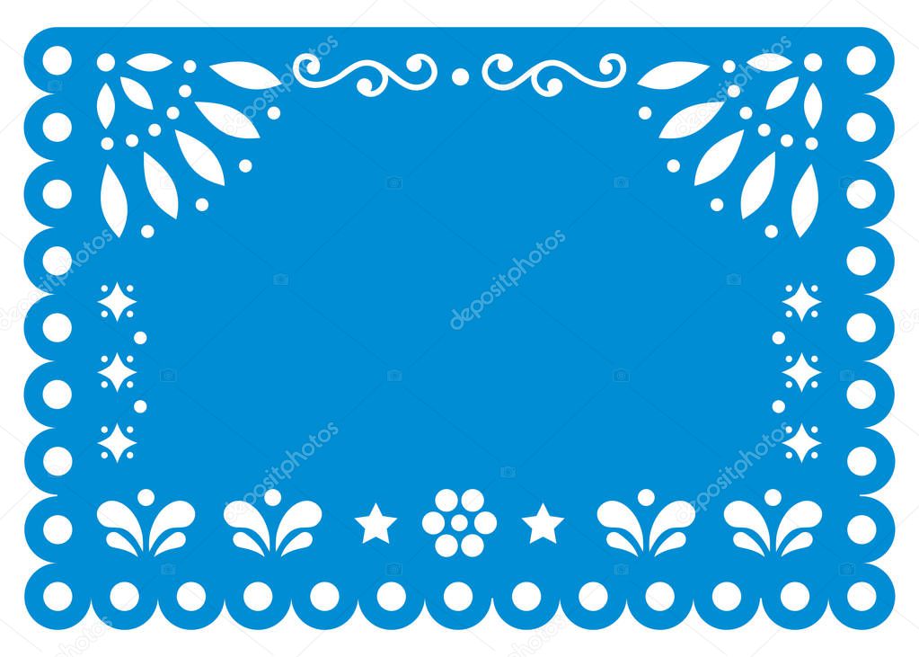 Papel Picado vector template design in blue with no text, Mexican paper decoration with flowers and geometric shapes - greeting card or invitation  