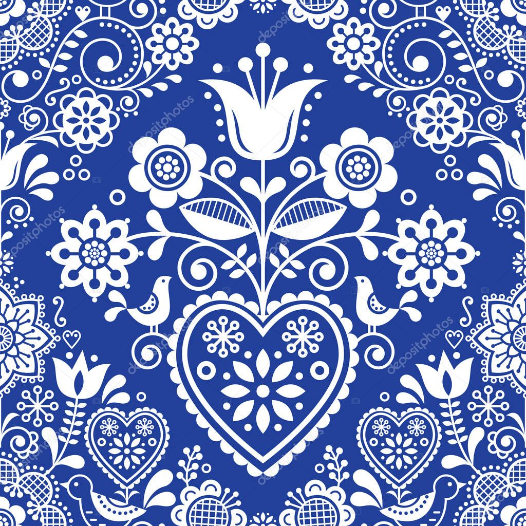 Seamless folk art vector pattern with birds and flowers, Scandinavian or Nordic in navy blue and white repetitive floral design. Retro style indigo ornament, Scandi endless background perfect for textile design, wallpaper