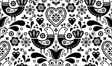 Kuş ve çiçek, İskandinav çiçek tasarımı, siyah ve beyaz retro arka plan ile İskandinav dikişsiz halk sanatı deseni