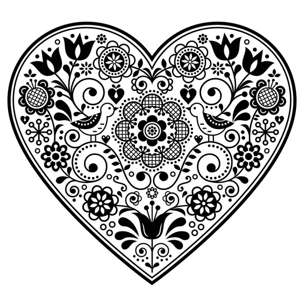 スカンジナビアフォークハートベクトルデザイン バレンタインデー 誕生日や結婚式のグリーティングカード 黒と白の花柄 — ストックベクタ