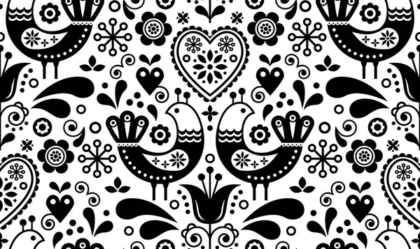Patrón Escandinavo Arte Popular Sin Costuras Con Pájaros Flores Diseño — Archivo Imágenes Vectoriales
