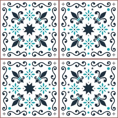 Azulejos seamless vector pattern, Portuguese Lisbon tiles design with fleur de lis, flowers and geometric shapes clipart