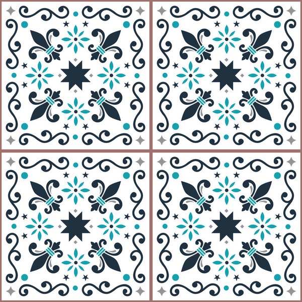 Azulejos бесшовный векторный рисунок, португальская плитка Лиссабон дизайн с fleur де лис, цветы и геометрические формы
