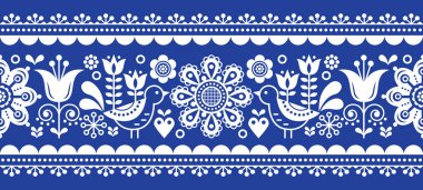Çiçek ve kuşlar ile İskandinav dikişsiz vektör desen, lacivert beyaz tekrarlayan İskandinav halk sanatı 