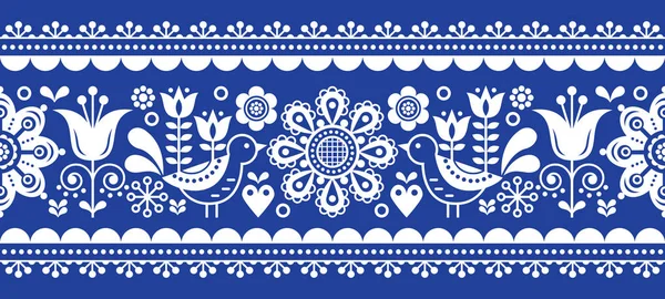 Çiçek ve kuşlar ile İskandinav dikişsiz vektör desen, lacivert beyaz tekrarlayan İskandinav halk sanatı 