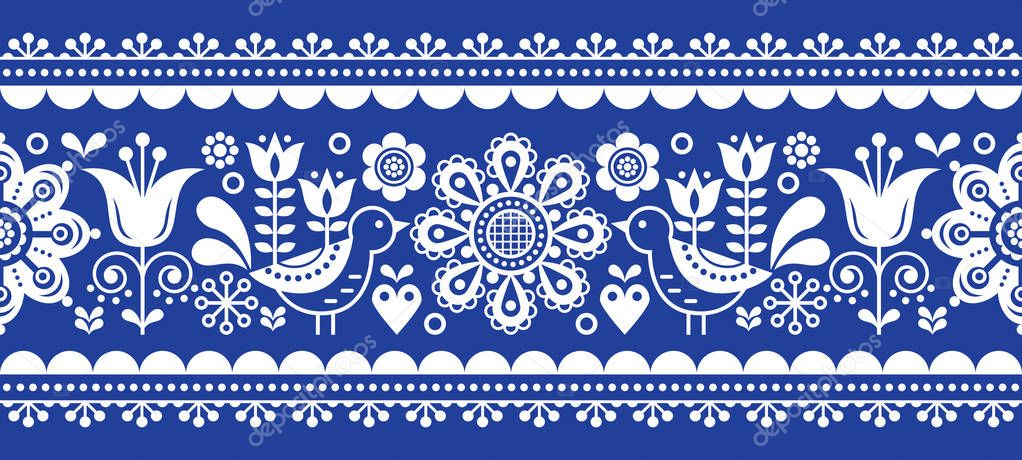 Scandinavian seamless vector pattern with flowers and birds, Nordic folk art repetitive in white on navy blue 