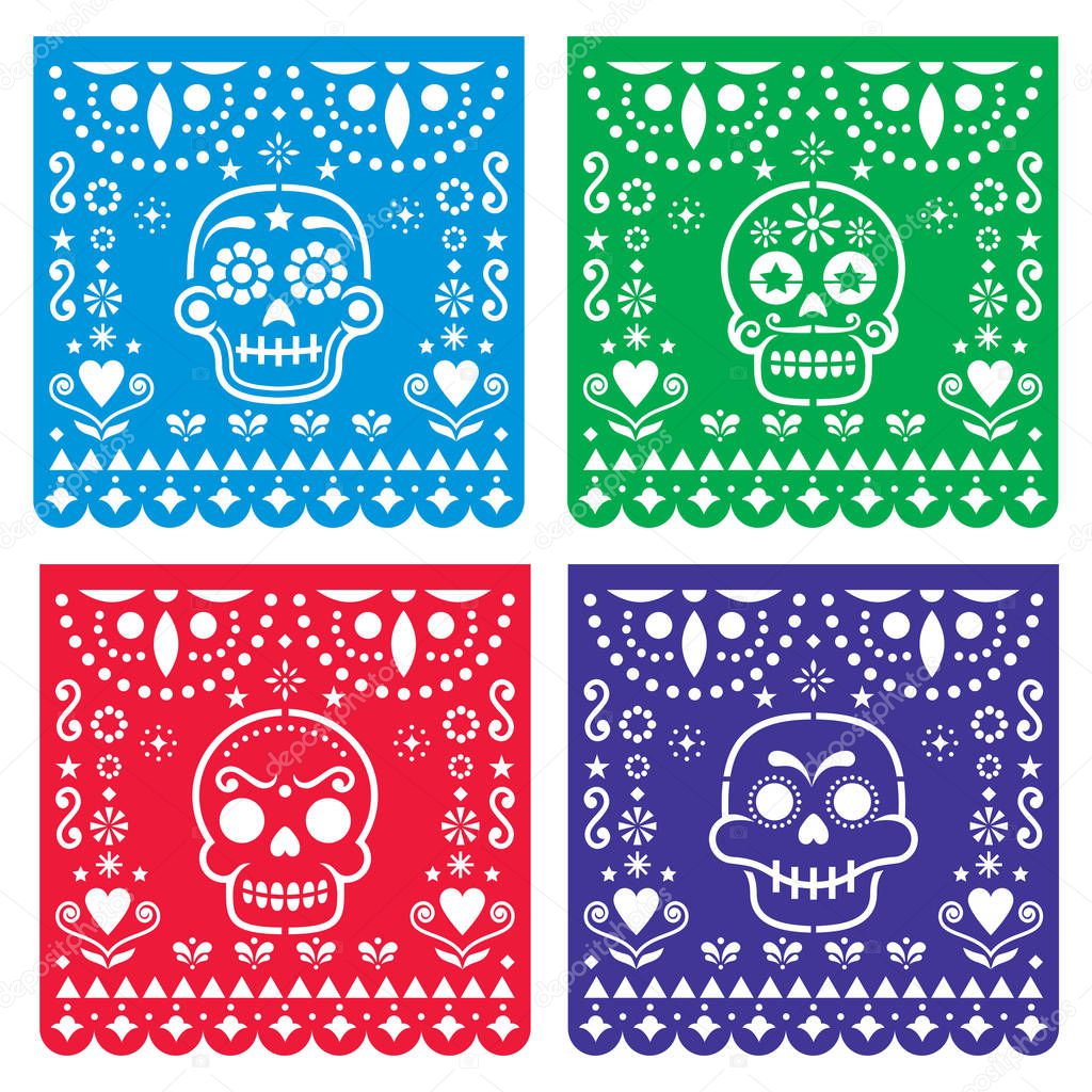 Papel Picado design with sugar skulls, Mexican paper cut out pattern collection - Halloween, Dia de Los Muertos, Day of the Dead celebration