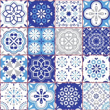 Lizbon Azujelo vektör dikişsiz fayans tasarım - Portekizce retro lacivert desen, kiremit büyük koleksiyon. Çiçekler ve geometrik şekiller ile çivit İspanyolca ve Portekizce geleneksel karolar esinlenerek süs tekstil arka plan