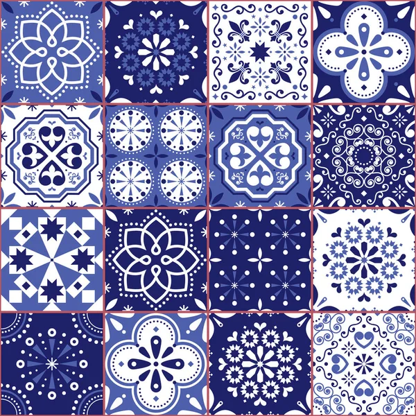 Design Tuiles Sans Couture Vectoriel Portugais Espagnol Azujelo Motif Bleu — Image vectorielle