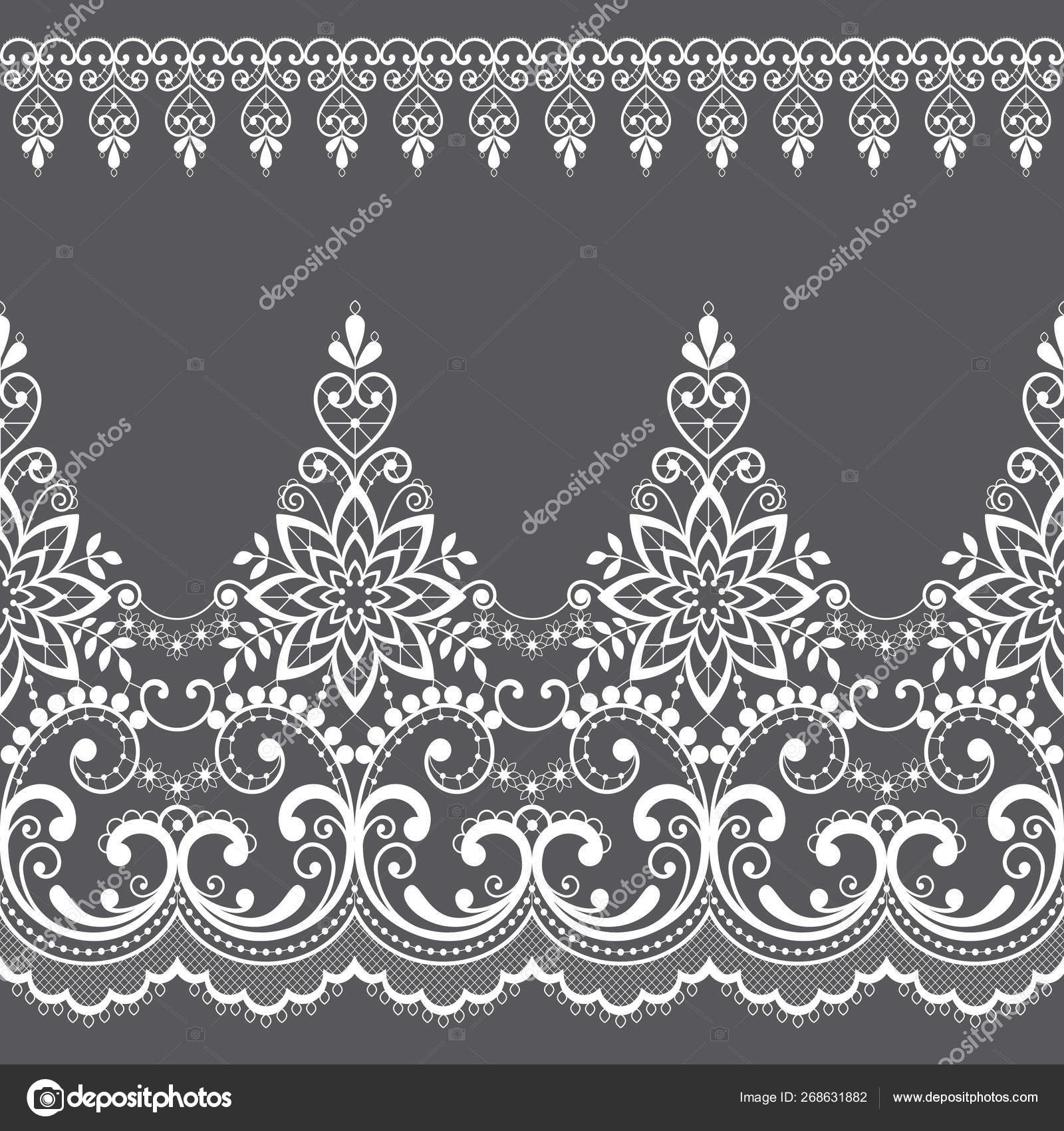 蕾丝无缝矢量图案与鲜花和漩涡复古蕾丝边框设计详细的花卉装饰在白色灰色背景美丽的蕾丝装饰框架复古纺织品装饰与重复图形灵感来自法语和英语, image size:1600x1700