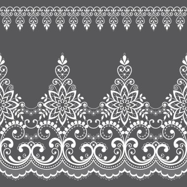Çiçek ve girdaplar ile Dantel dikişsiz vektör deseni, retro dantel sınırları tasarımı, gri arka plan üzerinde beyaz ayrıntılı çiçek süsü. Güzel dantel süs çerçevesi, Fransızca ve İngilizce esinlenerek tekrarlayan grafikler ile vintage tekstil dekorasyon