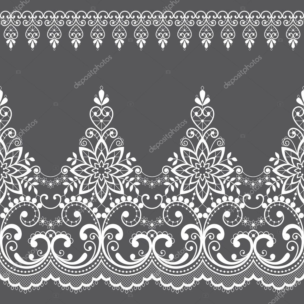 Lace seamless vector pattern with flowers and swirls, retro lace borders design, detailed floral ornament in white on gray background. Beautiful lace ornamental frame, vintage textile decoration with repetitive graphics inspired by French and English