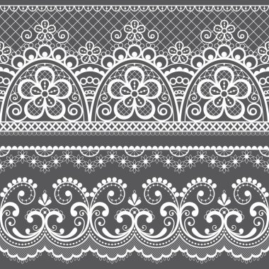 Dekoratif vintage dantel dikişsiz vektör deseni, çiçekler ve gri arka plan üzerinde beyaz girdaplar ile süs yinelenen tasarım. Güzel dantel çerçeve, Fransız ve İngiliz düğün dantel esinlenerek tekrarlayan grafikler ile retro tekstil dekorasyon 