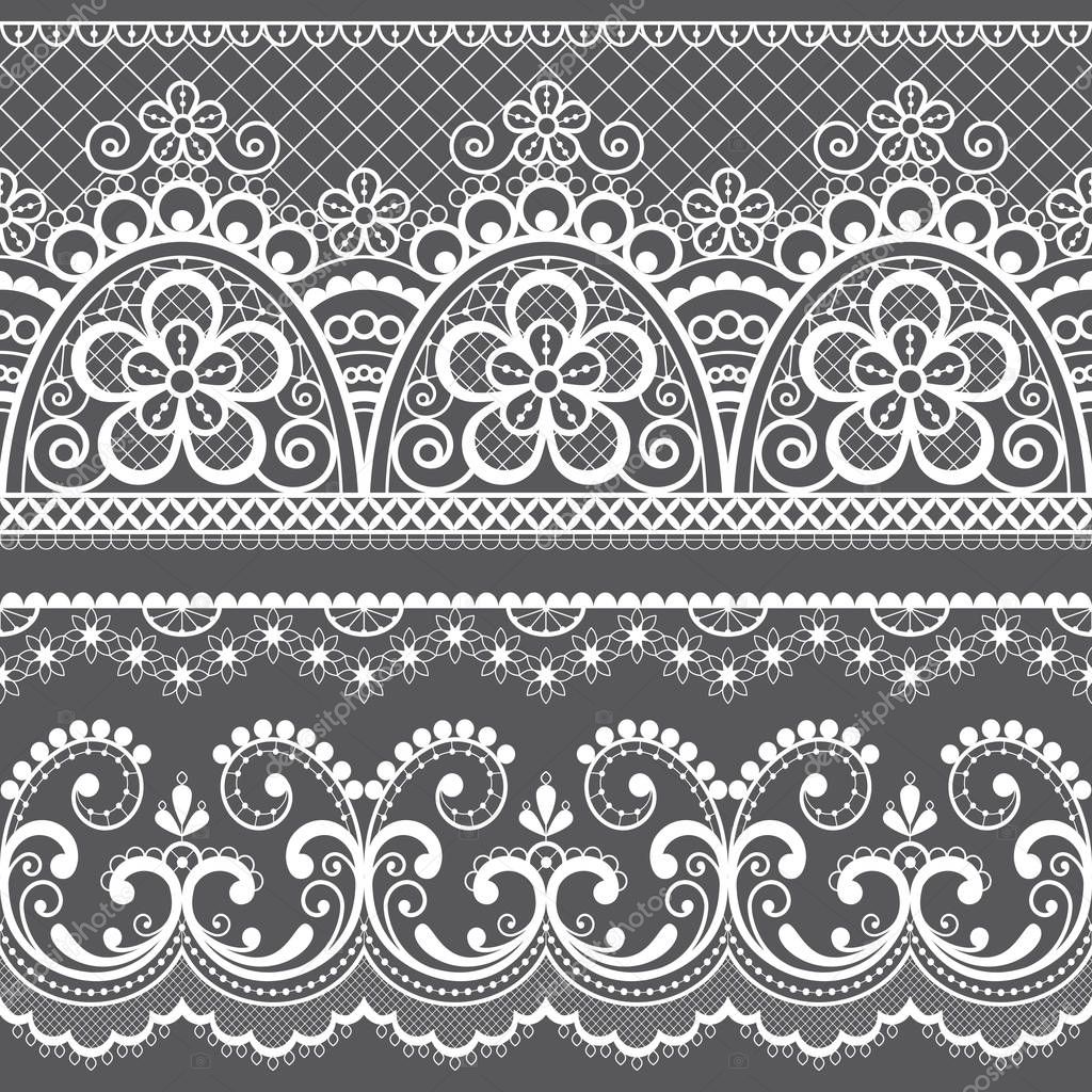Decorative vintage lace seamless vector pattern, ornamental repetitive design with flowers and swirls in white on gray background. Beautiful laces frame, retro textile decoration with repetitive graphics inspired by French and English wedding lace 