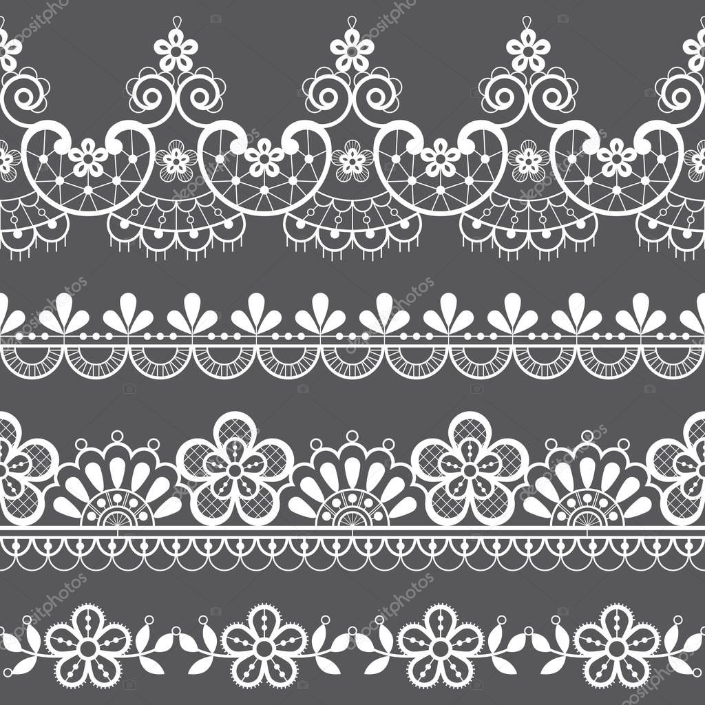 Vintage lace seamless vector pattern, ornamental repetitive design with flowers and swirls in white on gray background. Beautiful laces frame, retro textile decoration with repetitive graphics inspired by French and English wedding lace set 