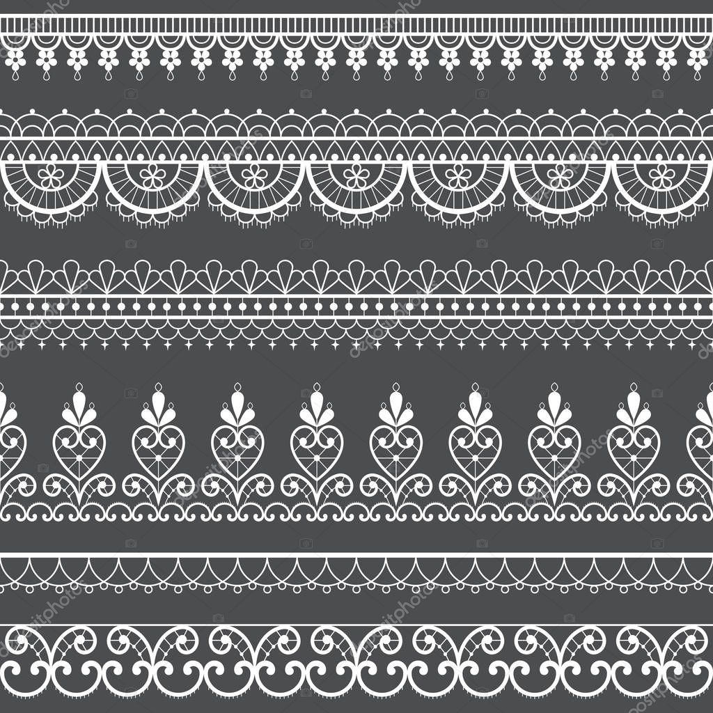Lace openwork seamless vector pattern, retro ornamental repetitive design with flowers and swirls in white on gray background. Ornametnal lace frame collection, retro textile decoration with repetitive graphics