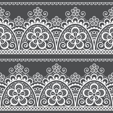 Dikişsiz vektör deseni - retro düğün dantel tasarımı, gri arka plan üzerinde beyaz çiçek ve girdaplar ile eski moda tekrarlayan tasarım