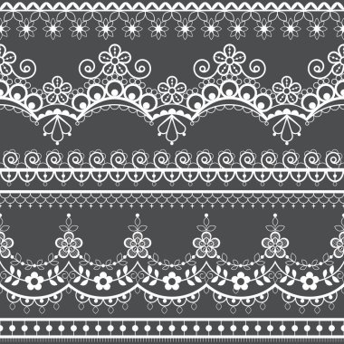 Retro düğün Fransız veya İngilizce dantel dikişsiz desen seti, çiçeklerle beyaz süs tekrarlı tasarım - tekstil tasarımı