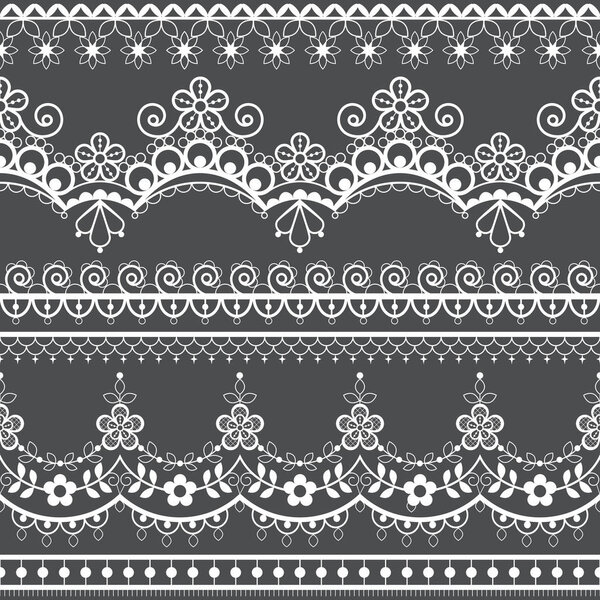 Retro wedding French or English lace seamless pattern set, white ornamental repetitive design with flowers - textile design