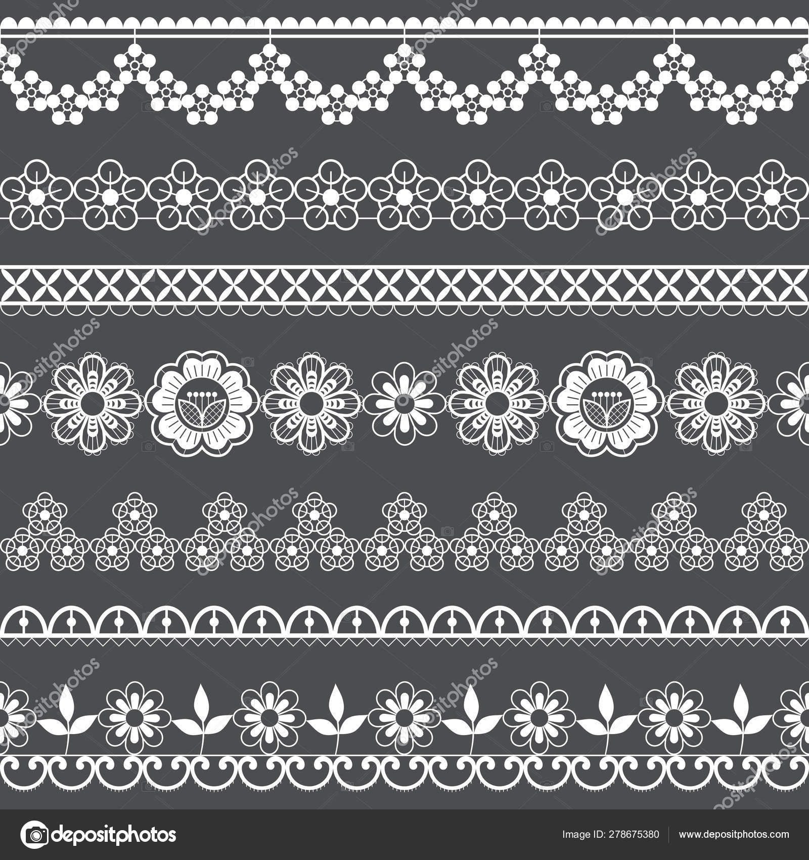 复古婚礼蕾丝无缝矢量图案集装饰重复设计与鲜花和漩涡在灰色背景的白色美丽的花边框架或边框复古的纺织品装饰与重复图形灵感来自法语和英语, image size:1600x1700