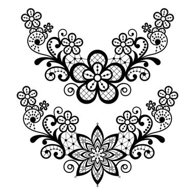 Dantel tek vektör desen seti - siyah çiçek dantel yarım çelenk, yarım daireler tasarım koleksiyonu, retro openwork arka plan. Vintage süsler - düğün veya Sevgililer Günü dantel süslemeleri, tek renkli tebrik kartı
