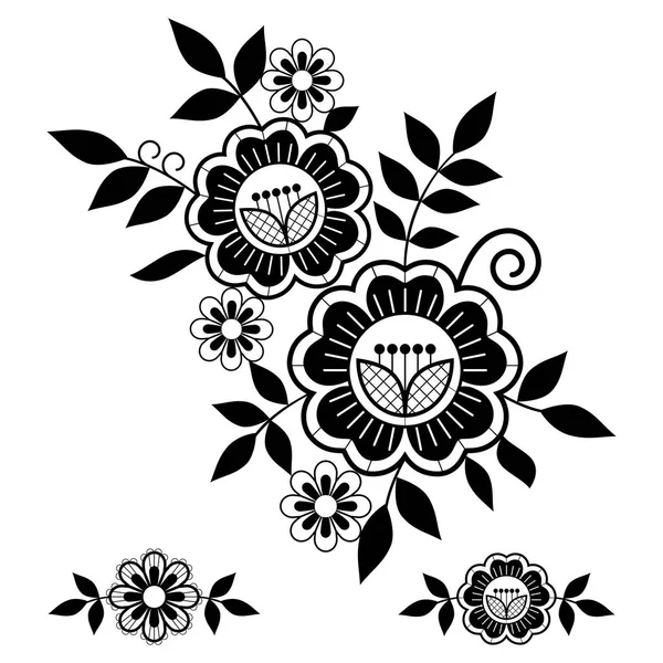 复古婚礼花边矢量单一设计集 单色装饰图案与玫瑰 鲜花和漩涡 详细的蕾丝图案 复古风格背景刺绣 黑白纺织品装饰灵感来自法国和英国蕾丝艺术 — 图库矢量图片
