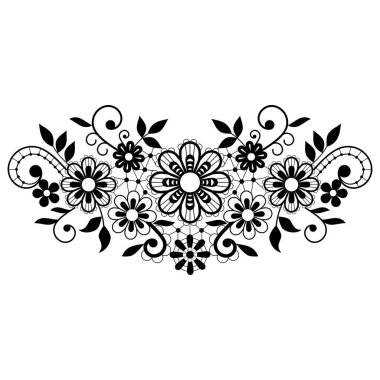 Retro siyah dantel vektör tek tasarım, çiçek ve girdaplar ile süs deseni, ayrıntılı dantel motifi