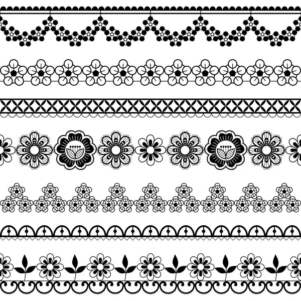 ヴィンテージウェディングレースシームレスベクトルパターンセット 白い背景に黒で花や渦巻きと装飾的な繰り返しデザイン 美しいモノクロレースフレームやボーダー 反復的なグラフィックとレトロなテキスタイルの装飾 — ストックベクタ