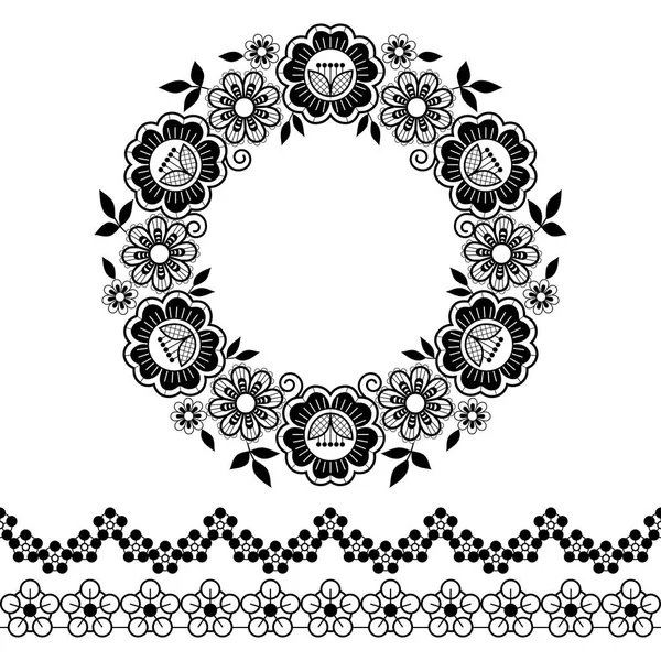 Mandala Spitzenvektormuster Monochromes Rundes Design Mit Blumen Und Wirbeln Schwarz — Stockvektor