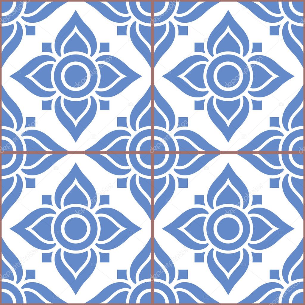 Azujelo Lisbon tile vector pattern - Lisbon tiles seamless design with flowers , tile decor in navy blue - Portuguese retro tile ornament, repetitve mosaic