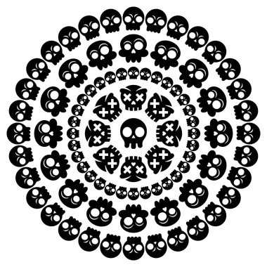 Kafatası mandala vektör tasarımı, Beyaz arka plan üzerinde siyah Meksika kafatasları ile Halloween dekorasyon deseni. Ölüler Günü - Dia de los Muertos kafatasları ile modern süs, Cadılar Bayramı partisi kutlama için boho mandala