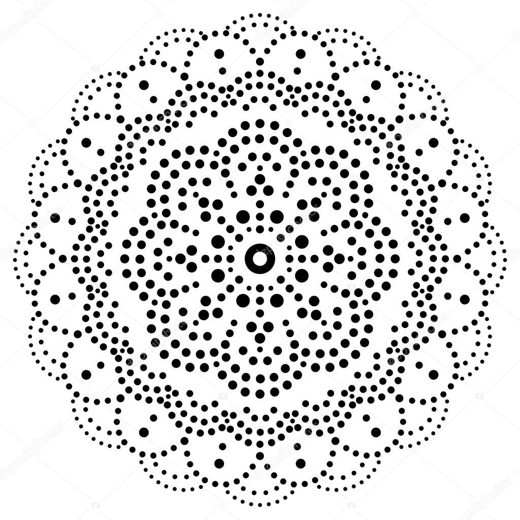 Mandala bohemian vector dot painting design, Aboriginal traditional decorative pattern, Australian mosaic art in black on white background