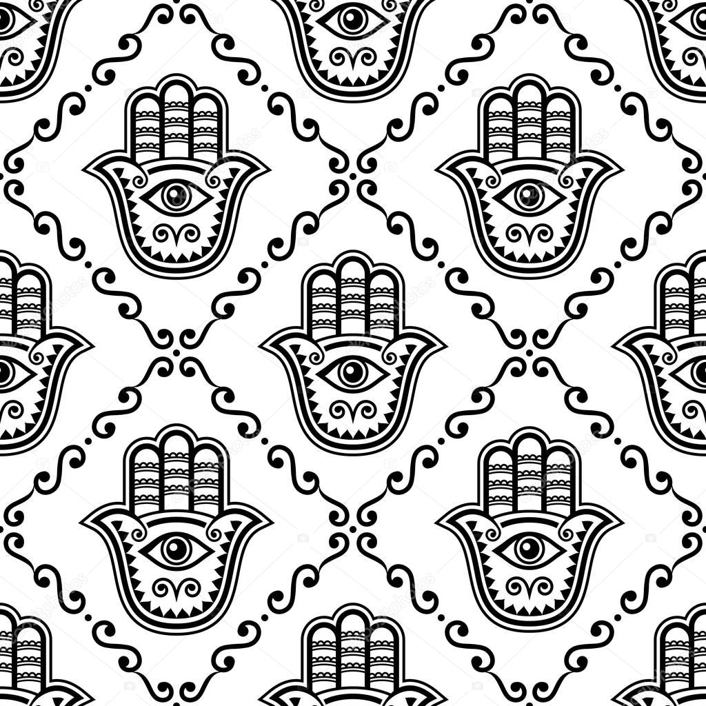 Hamsa hand seamless vector pattern, Khamsa or Hand of Fatima repetitive design, symbol of protection from devil eye background in black and white. Bohemian monochrome ornament, gypsy decor with Hamsa hands, decorative wallpaper or textile design 
