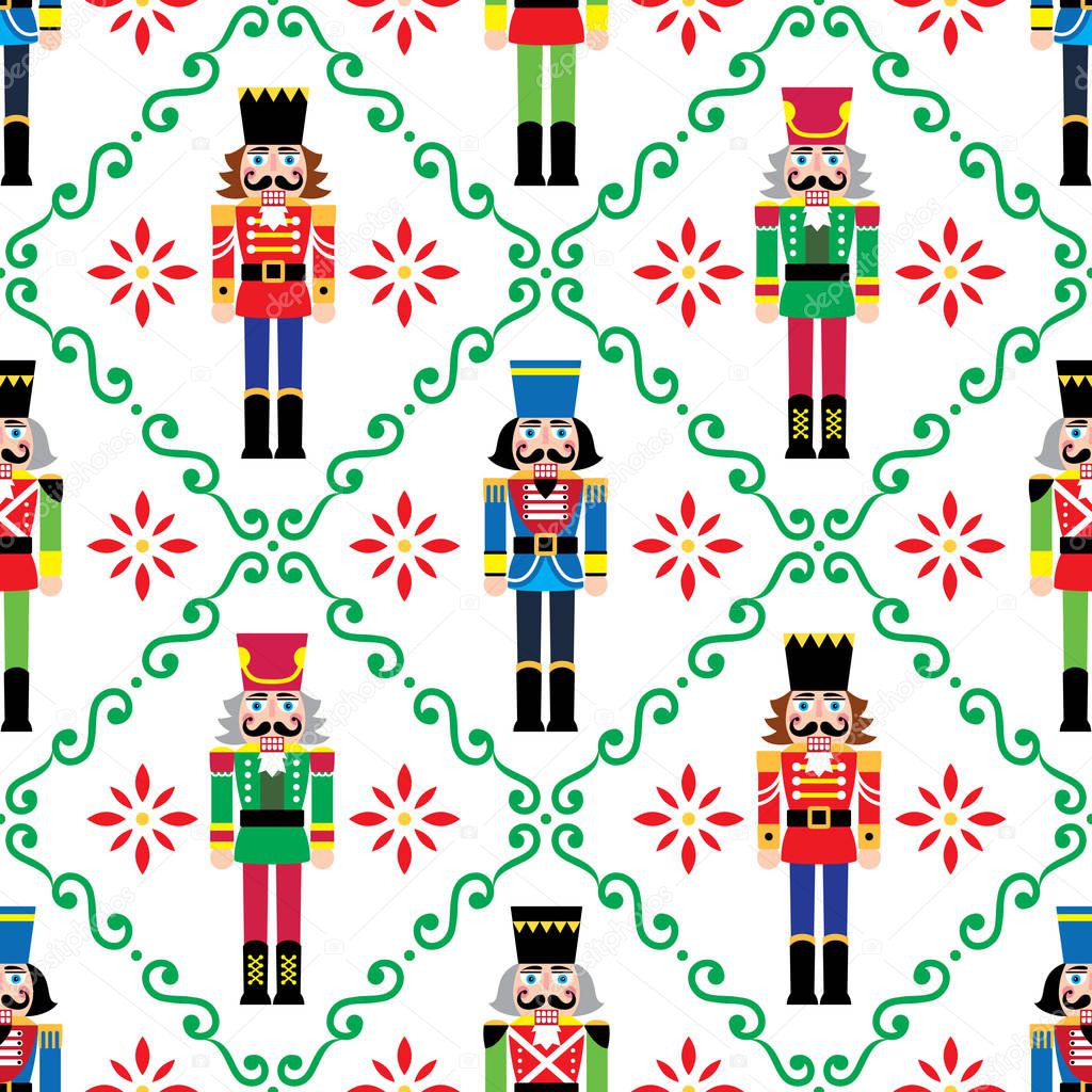 Christmas nutcrackers vector seamless pattern - Xmas soldier figurine repetitive ornament, textile design